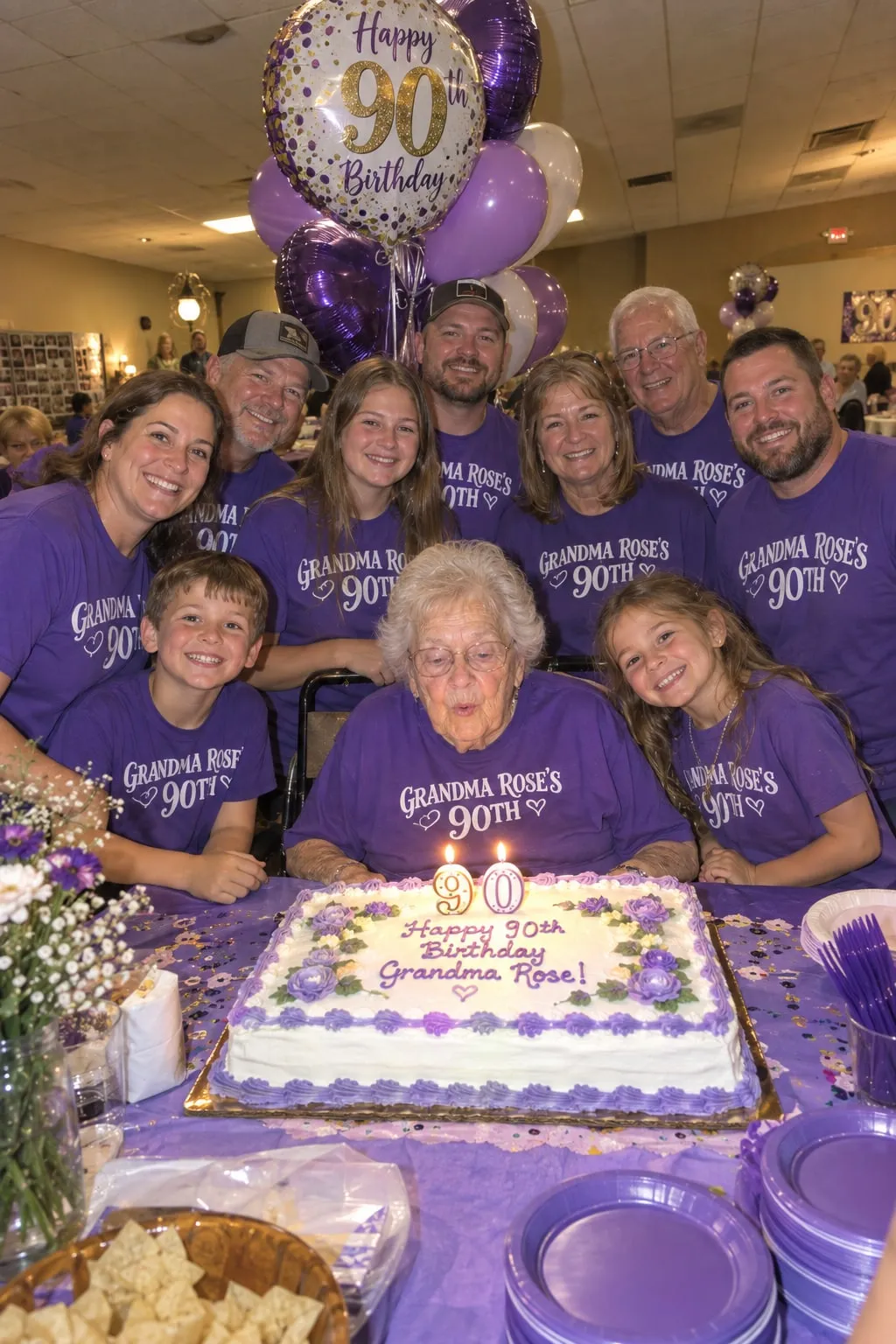 A grandmother blowing out 90th birthday candles with her family behind her in purple “Grandma Rose’s 90th” shirts