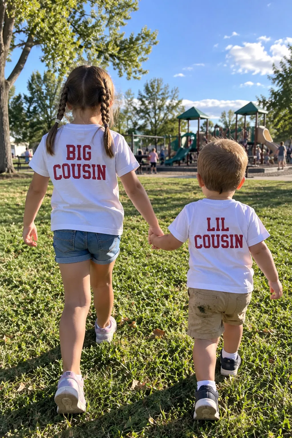 Two young children walking hand in hand toward a playground in white shirts reading “Big Cousin” and “Lil Cousin”