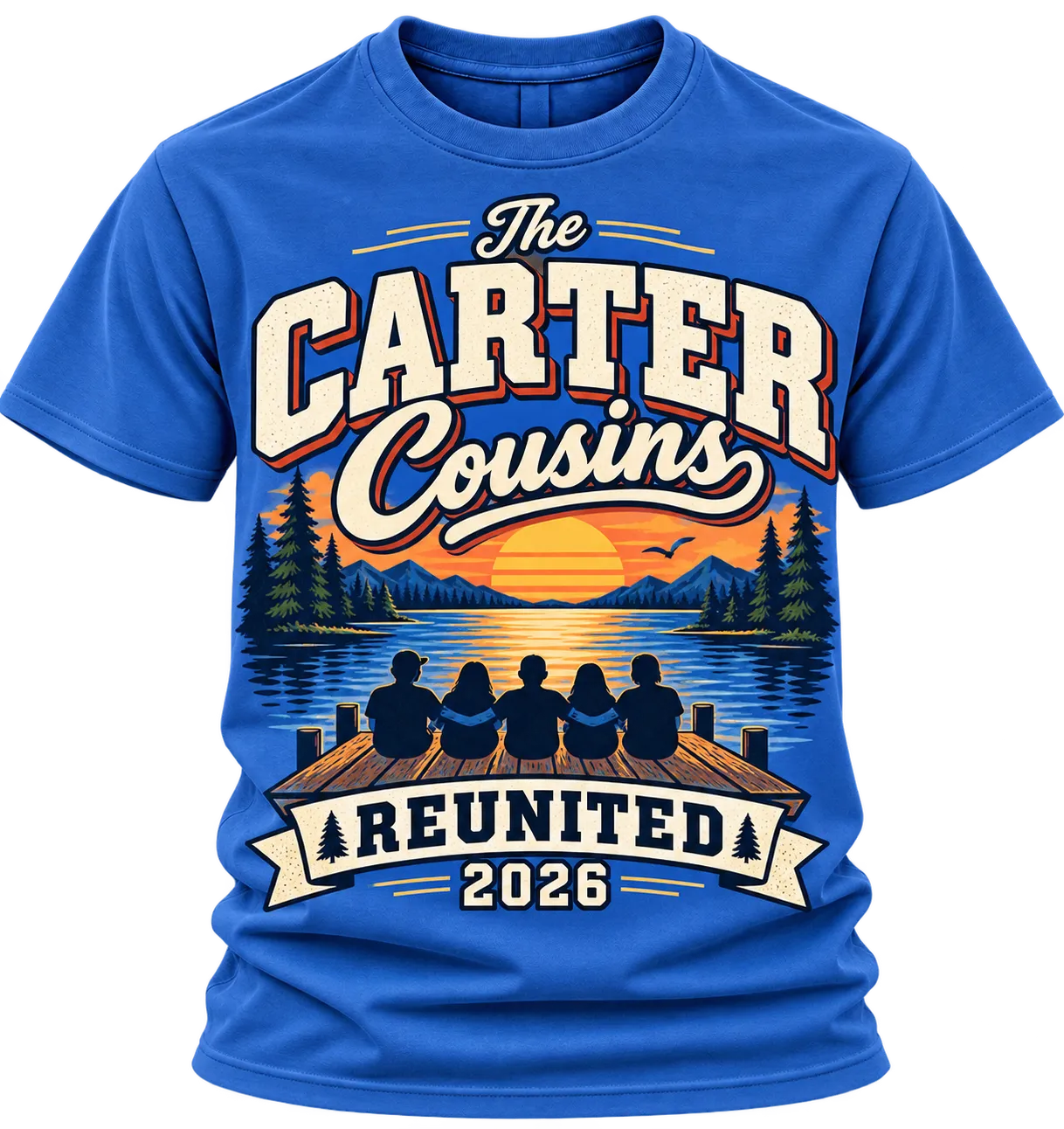 Royal Blue “The Carter Cousins, Reunited 2026” shirt showing cousins sitting on a dock at a lake sunset