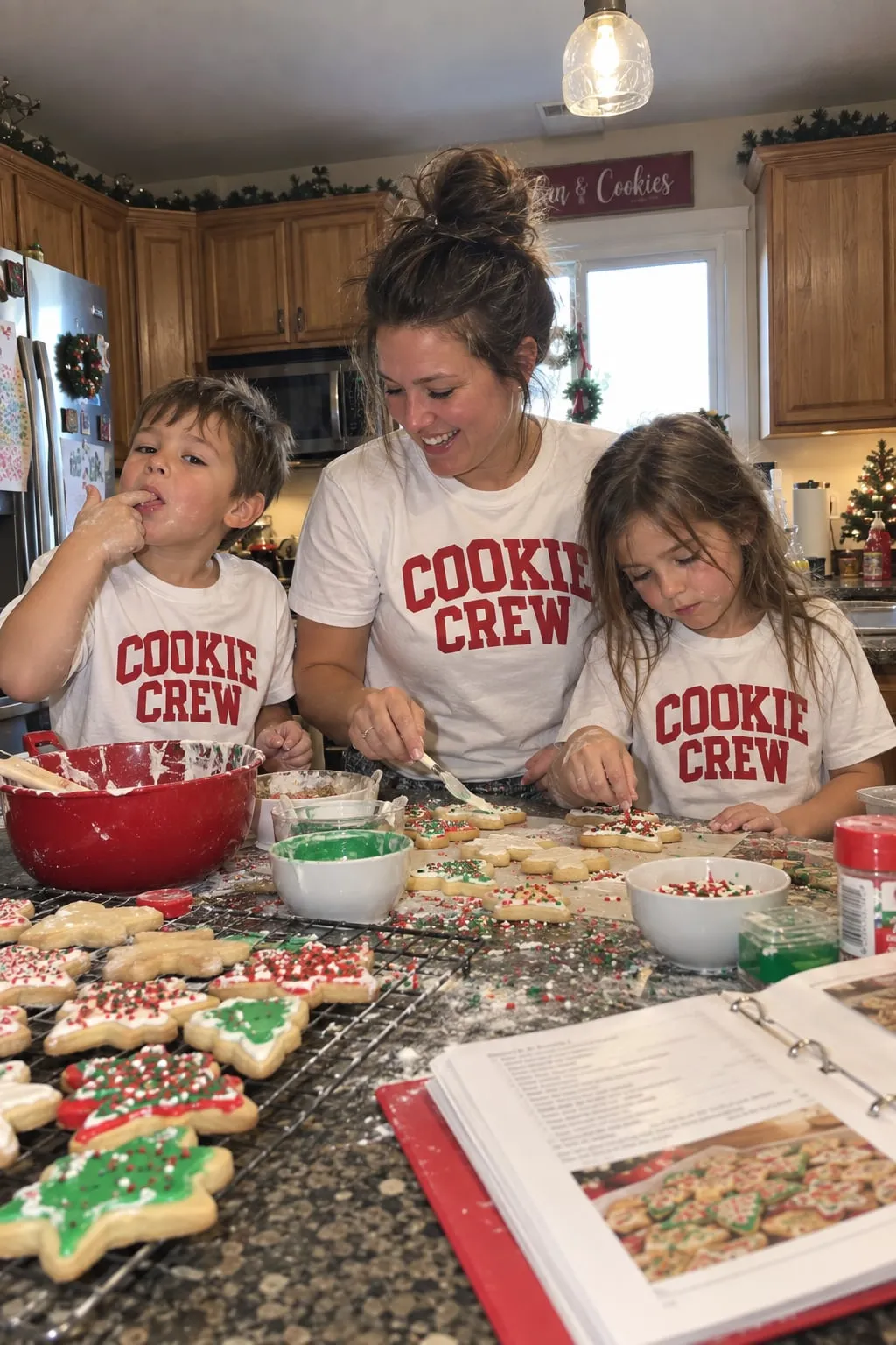 A mother and two kids decorating Christmas cookies in a kitchen, wearing white “Cookie Crew” shirts