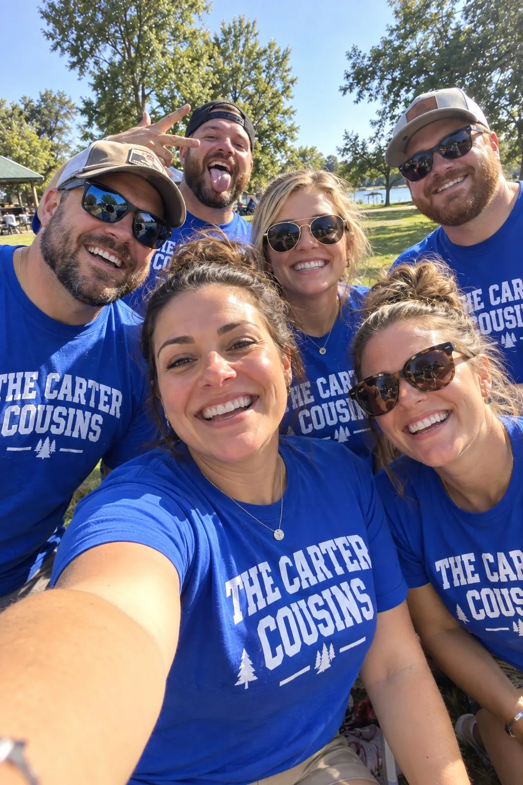 Six smiling adult cousins taking a selfie in a park in blue shirts reading “The Carter Cousins”