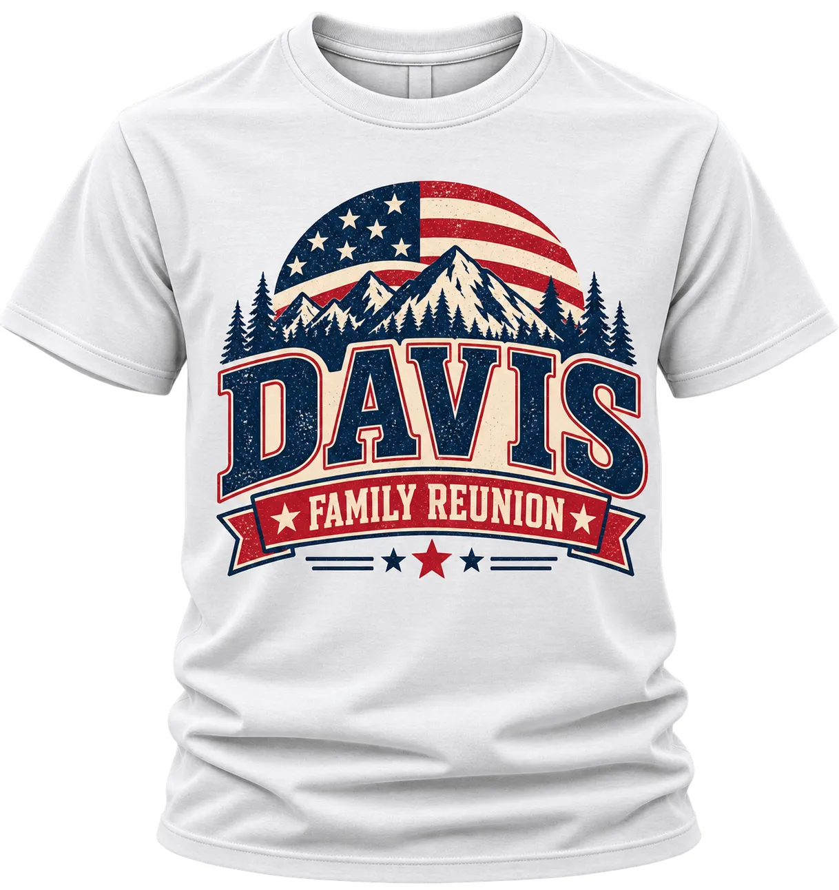 White Davis Family Reunion shirt with a vintage Americana design of a stars-and-stripes flag over mountains