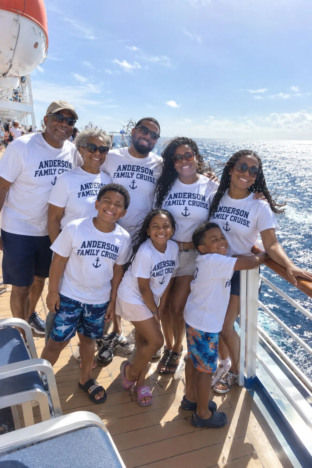 A Black family of eight at the railing of a cruise ship in white “Anderson Family Cruise” shirts with an anchor