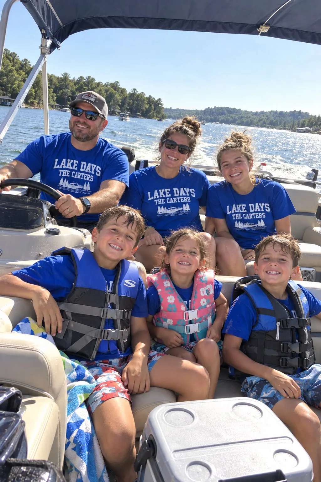 A family on a pontoon boat, the parents in blue “Lake Days, The Carters” shirts and the kids in life vests