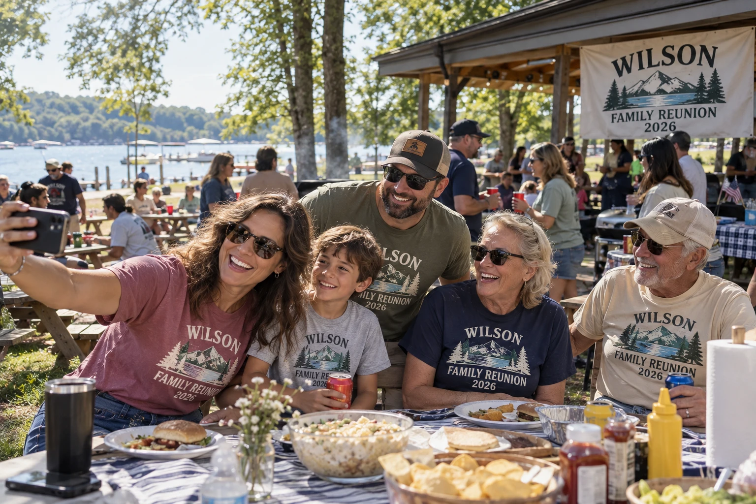 A family taking a selfie at a lakeside reunion picnic in color-coded family reunion shirts in red, grey, green, navy and cream