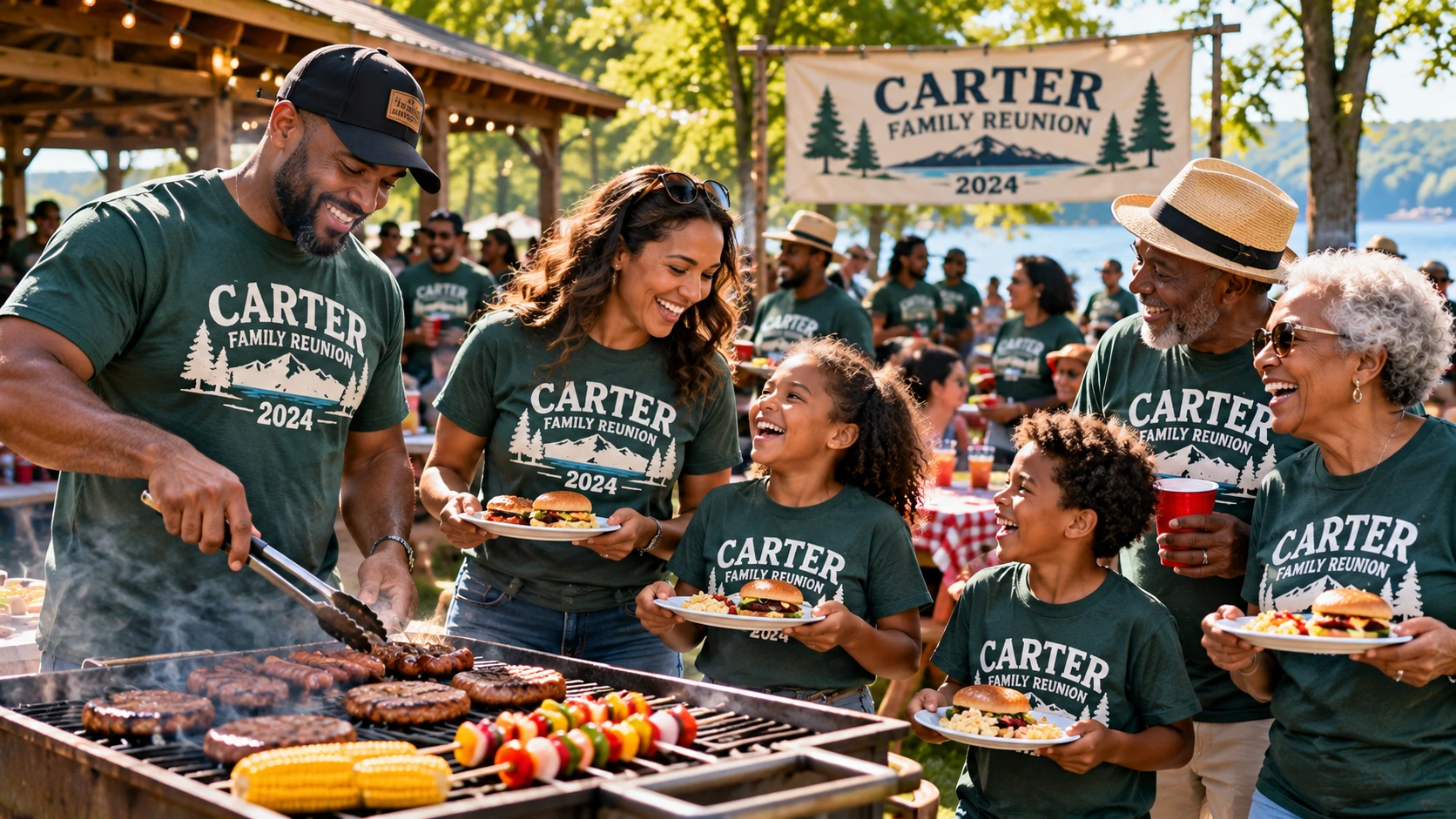 A family grilling at a reunion cookout in matching green family reunion shirts