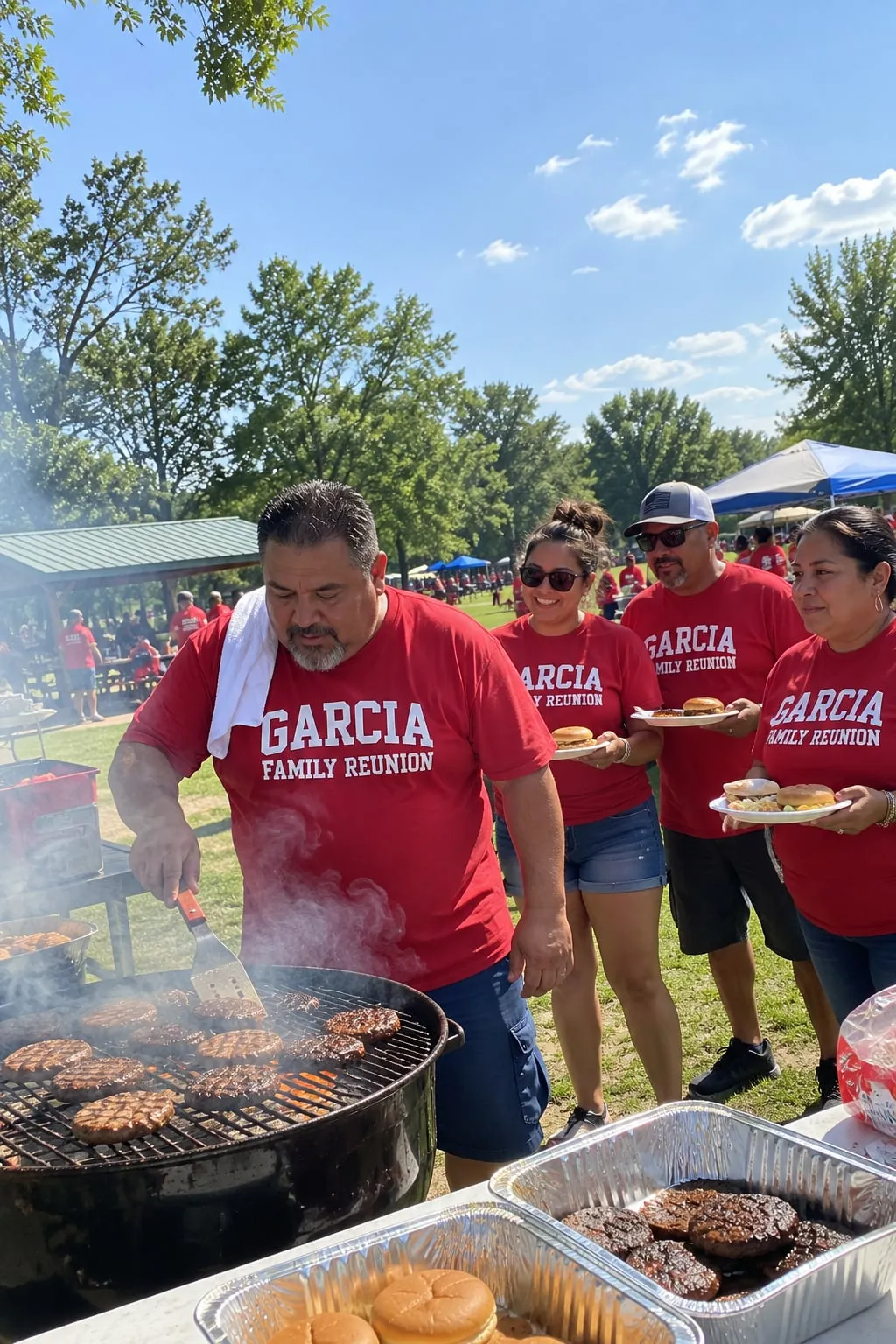 An uncle grilling burgers at a park while relatives wait, all in red “Garcia Family Reunion” shirts