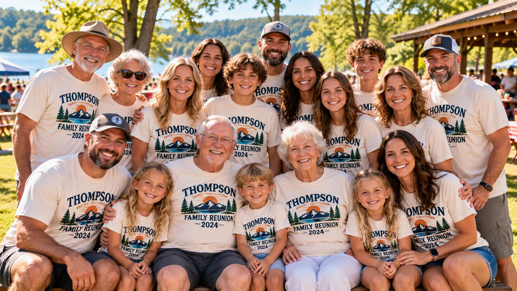 Three generations of a family posing for a group photo at an outdoor reunion, all wearing matching cream family reunion shirts