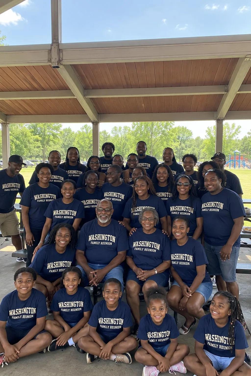 A large Black family under a park pavilion in matching navy shirts that read “Washington Family Reunion”