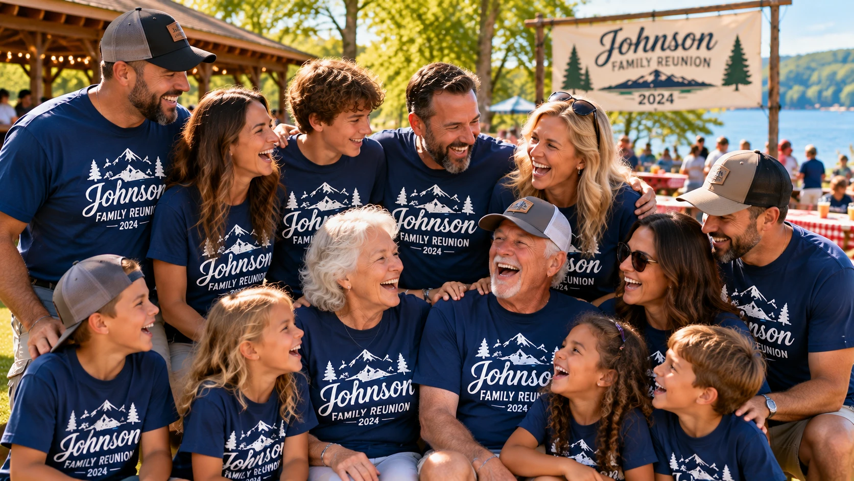 A big family laughing together at a lakeside reunion, all wearing matching navy family reunion shirts