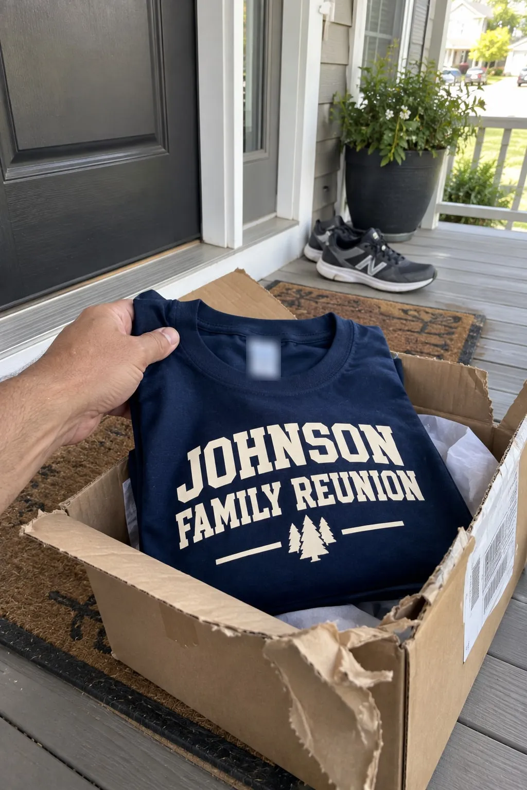 A hand lifting a navy “Johnson Family Reunion” shirt out of an opened shipping box on a front porch