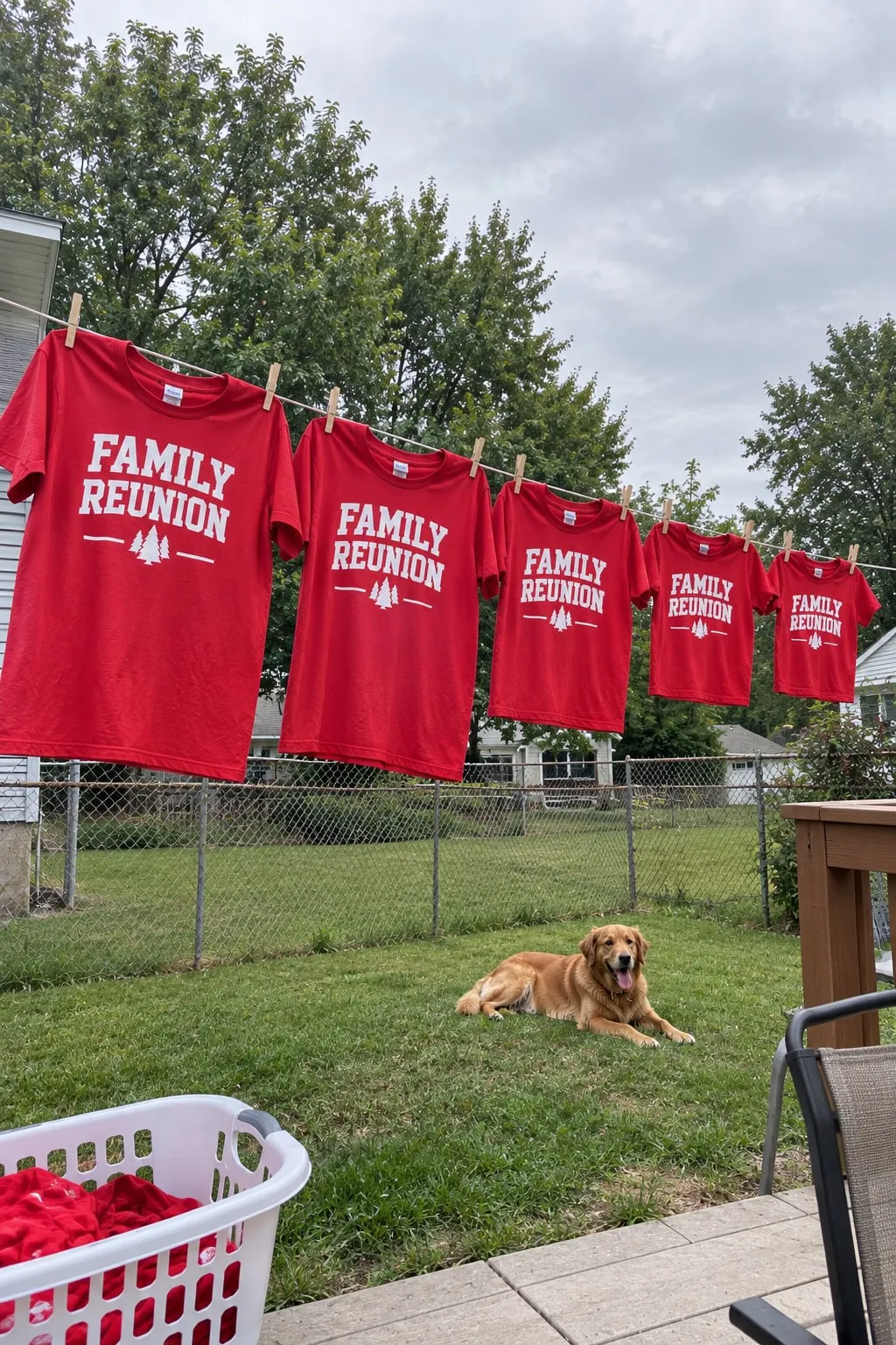 Red “Family Reunion” shirts in sizes from adult to toddler hanging on a backyard clothesline