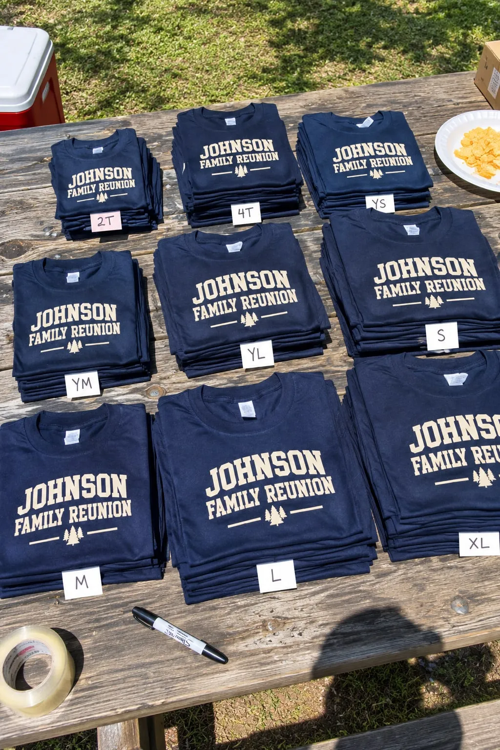 Stacks of folded navy “Johnson Family Reunion” shirts on a picnic table labeled with sizes from 2T to XL