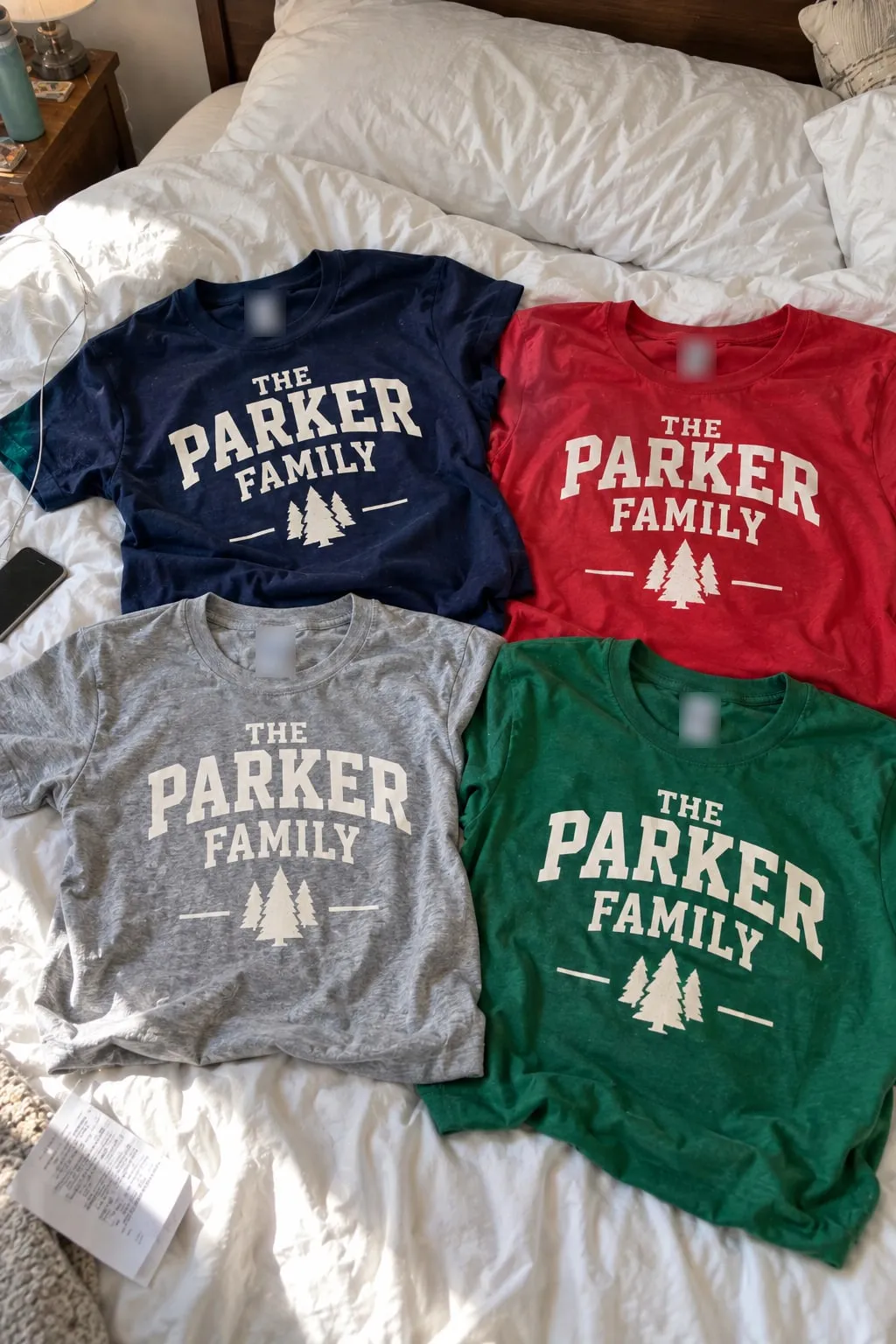Four “The Parker Family” shirts laid on a bed in navy, red, heather grey and green