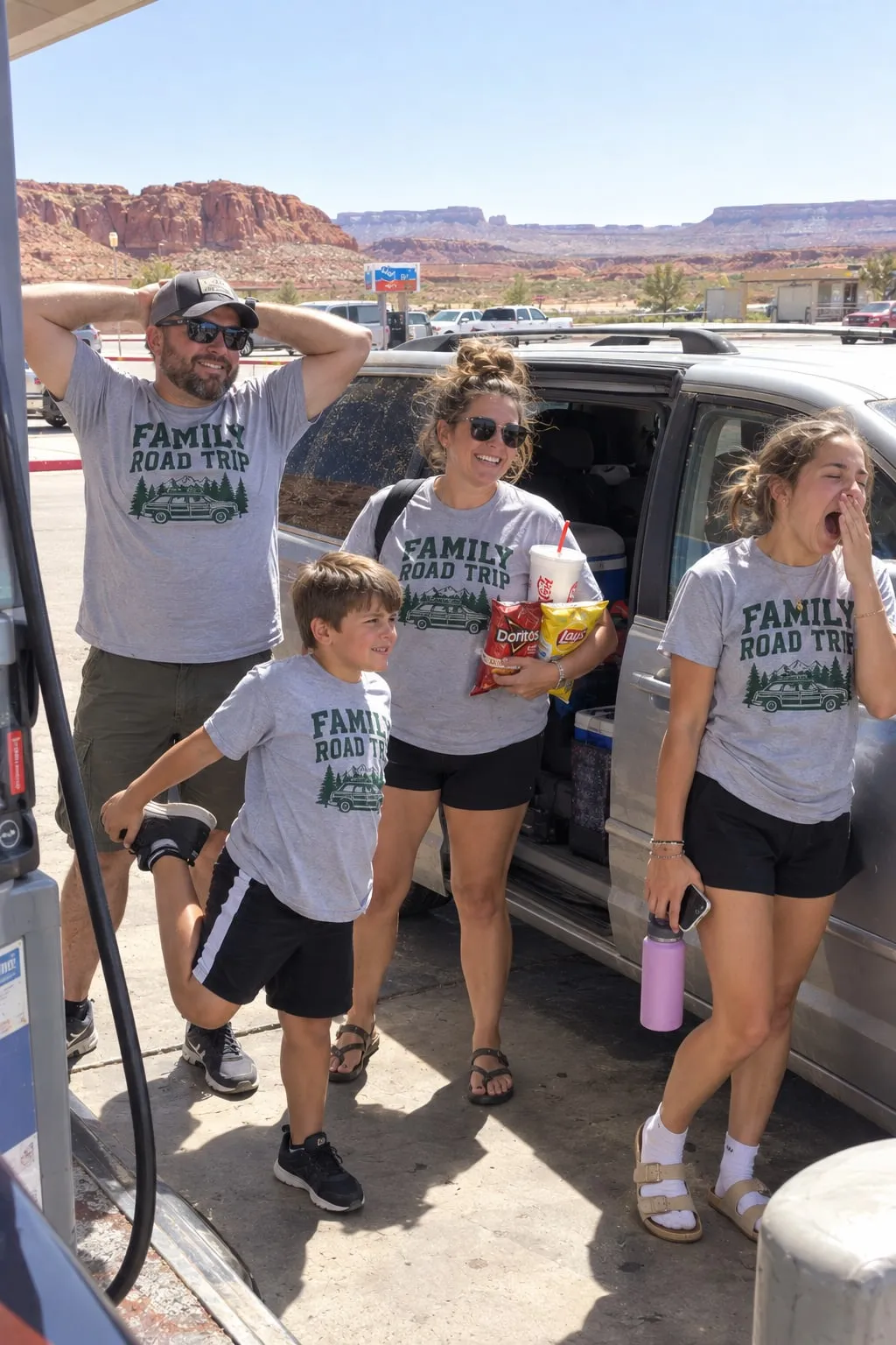 A family stretching next to their minivan at a desert gas station in grey “Family Road Trip” shirts