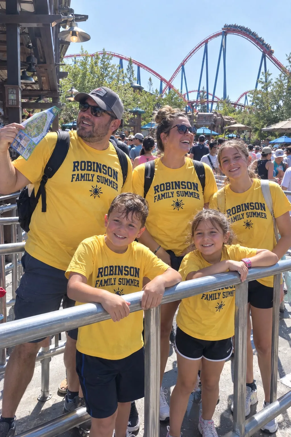 A family in a theme park line with a roller coaster behind them, wearing yellow “Robinson Family Summer” shirts