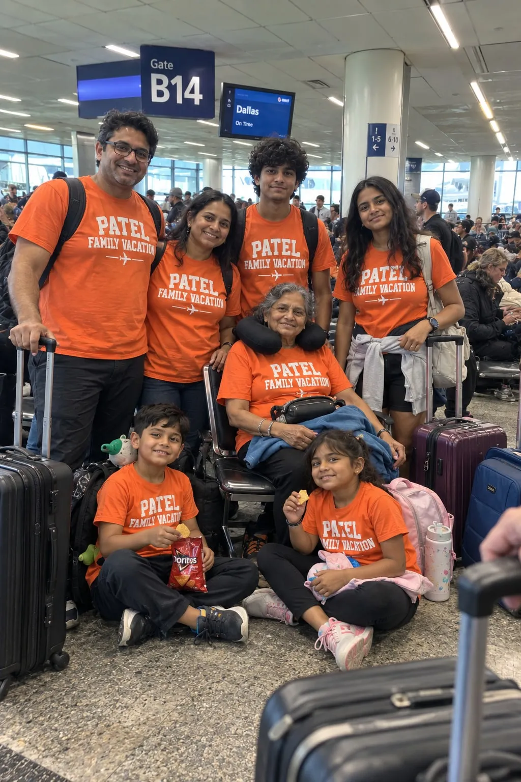An Indian-American family of seven waiting at an airport gate in orange “Patel Family Vacation” shirts