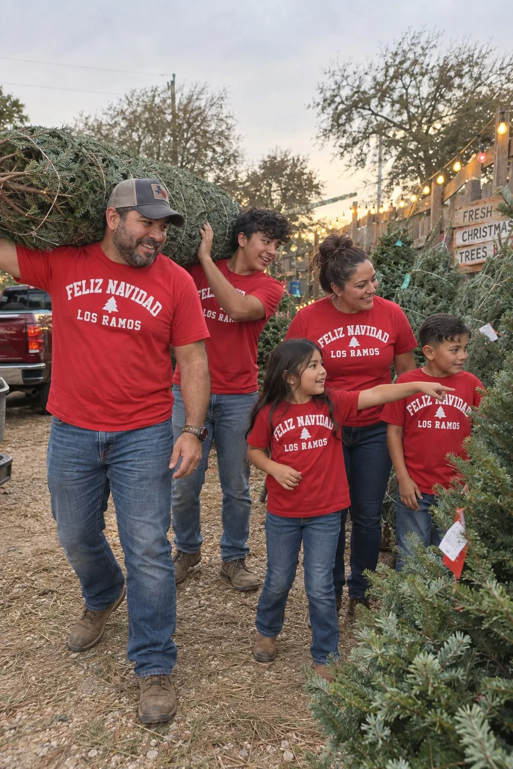 A Latino family carrying a Christmas tree at a tree lot in red shirts reading “Feliz Navidad, Los Ramos”