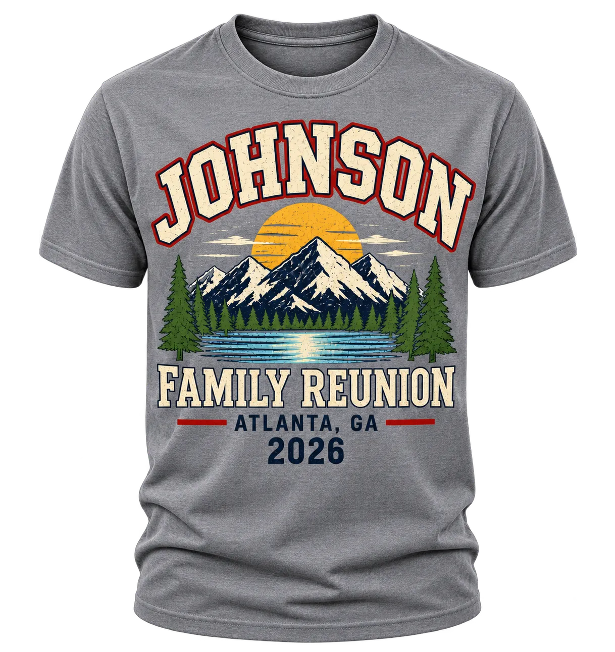 Heather Grey Johnson Family Reunion Atlanta 2026 shirt with a vintage mountain, pine forest and lake sunset design
