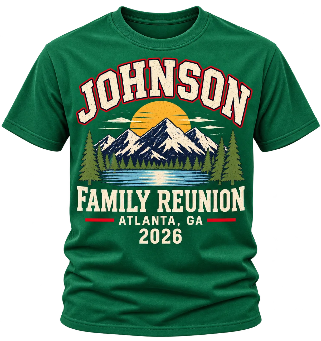 Kelly Green Johnson Family Reunion Atlanta 2026 shirt with a vintage mountain, pine forest and lake sunset design