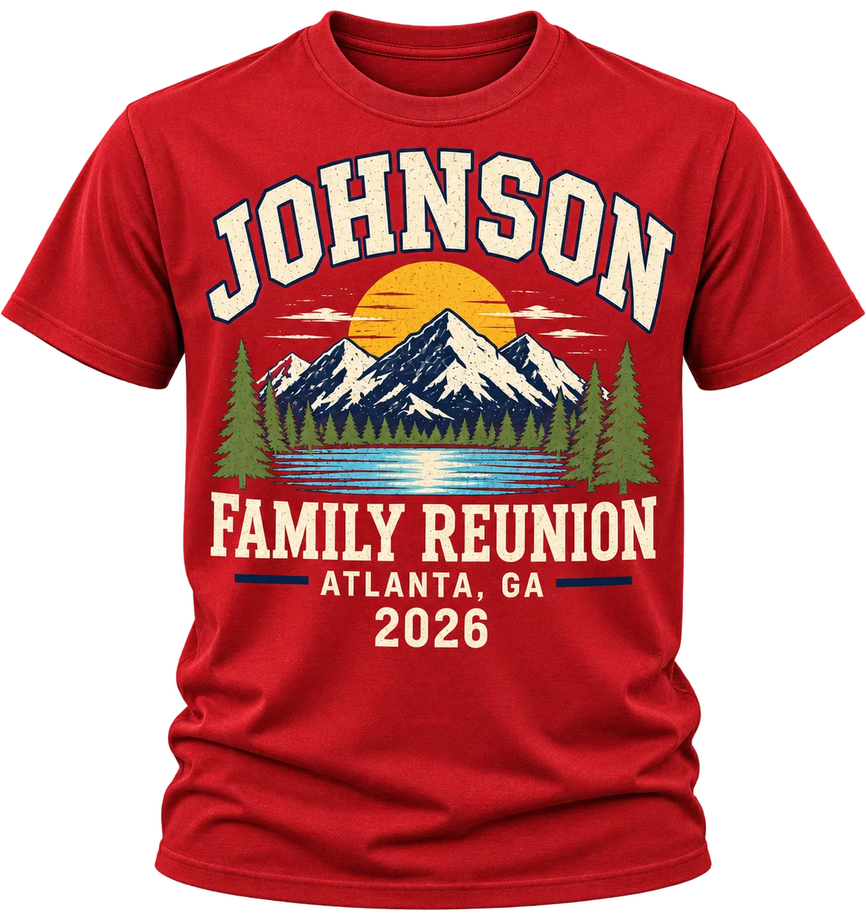 Red Johnson Family Reunion Atlanta 2026 shirt with a vintage mountain, pine forest and lake sunset design
