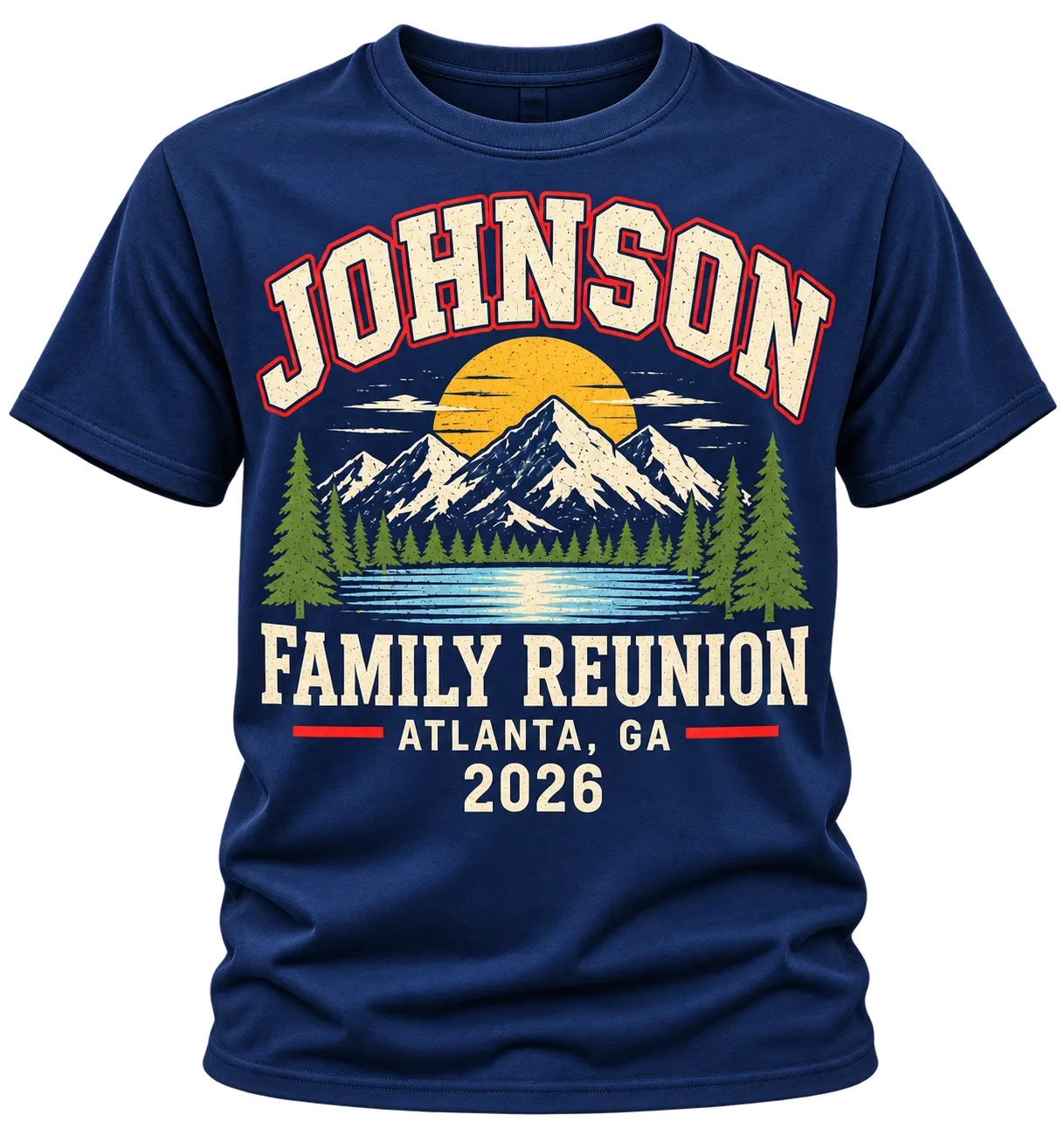 Navy Johnson Family Reunion Atlanta 2026 shirt with a vintage mountain, pine forest and lake sunset design
