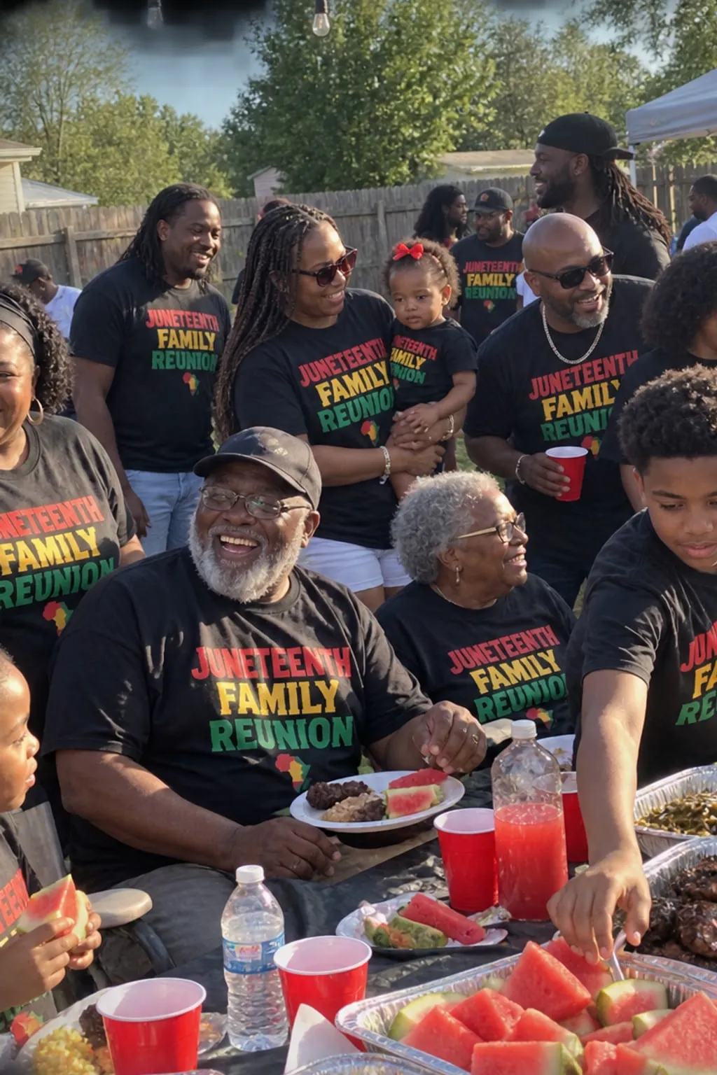 A Black family of three generations at a backyard cookout in black shirts reading “Juneteenth Family Reunion” in red, gold and green
