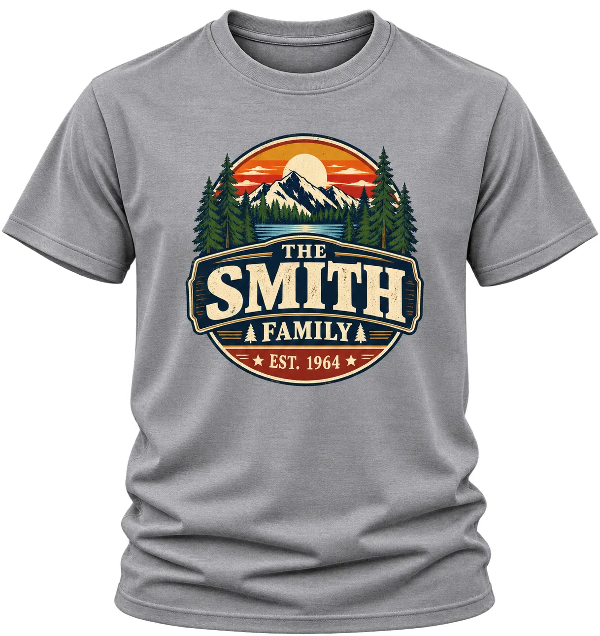 Heather Grey “The Smith Family, Est. 1964” shirt with a round vintage badge of mountains, pines and a sunset