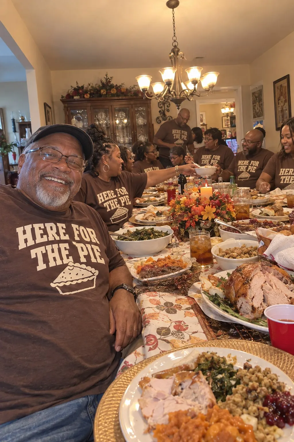 A smiling grandfather at a Thanksgiving table in a brown “Here for the Pie” shirt, with relatives in matching shirts behind him
