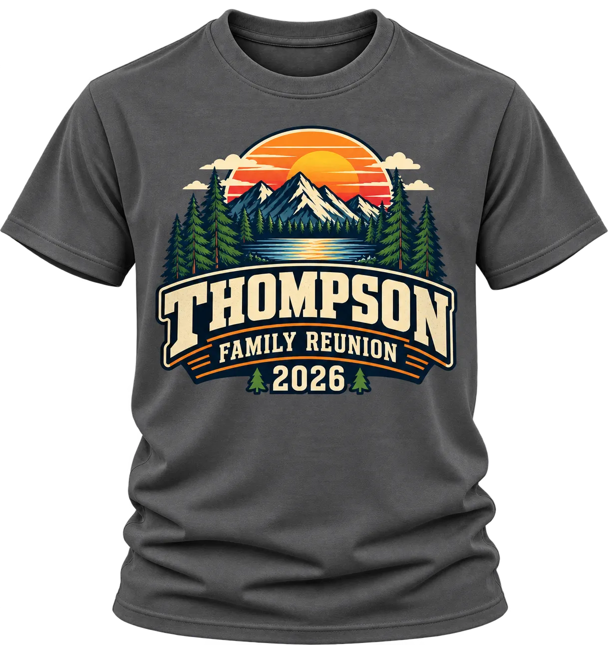Asphalt Thompson Family Reunion 2026 shirt with a modern mountain-sunset badge