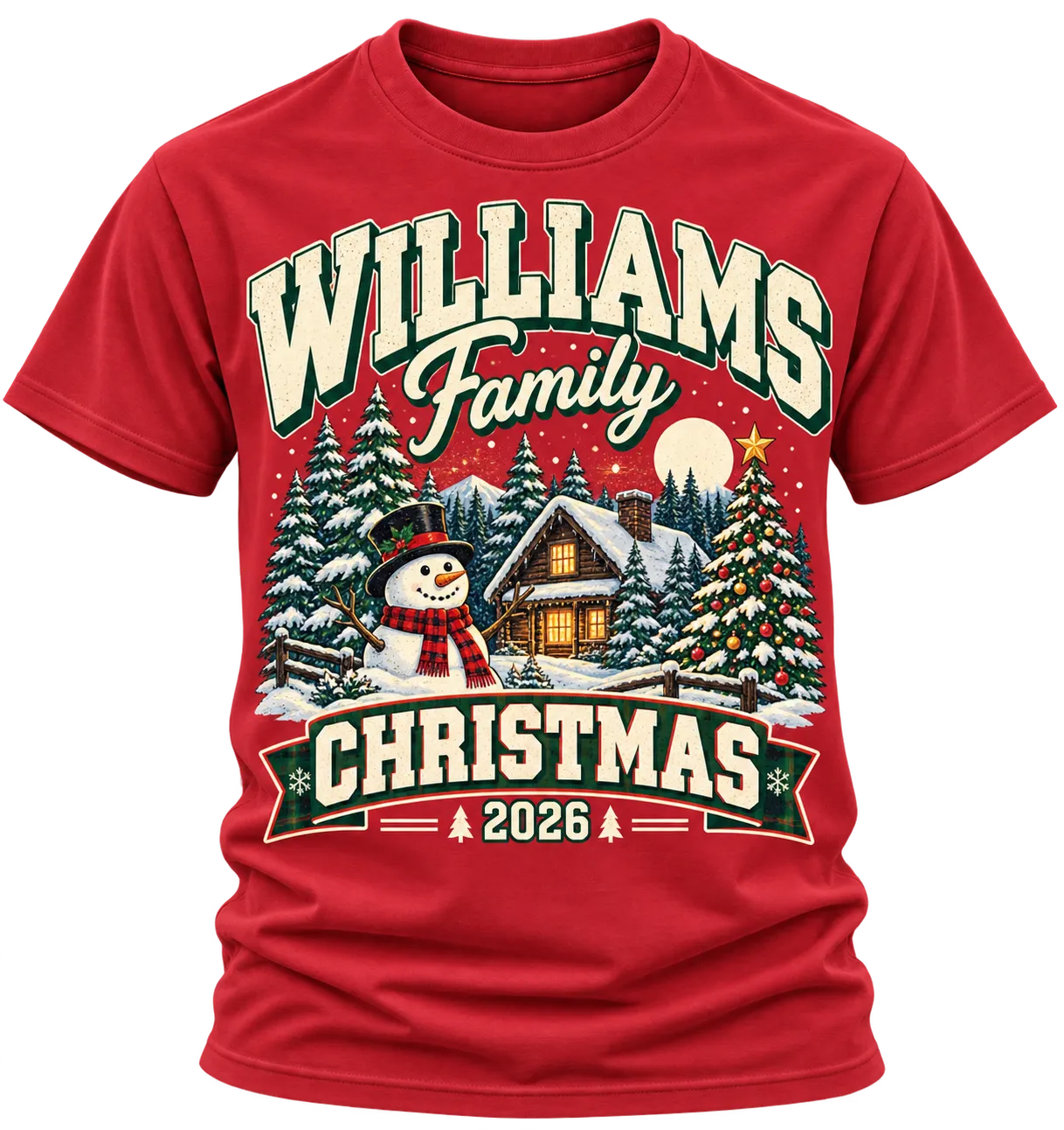Red Williams Family Christmas 2026 shirt with a snowman, a snowy cabin and Christmas trees